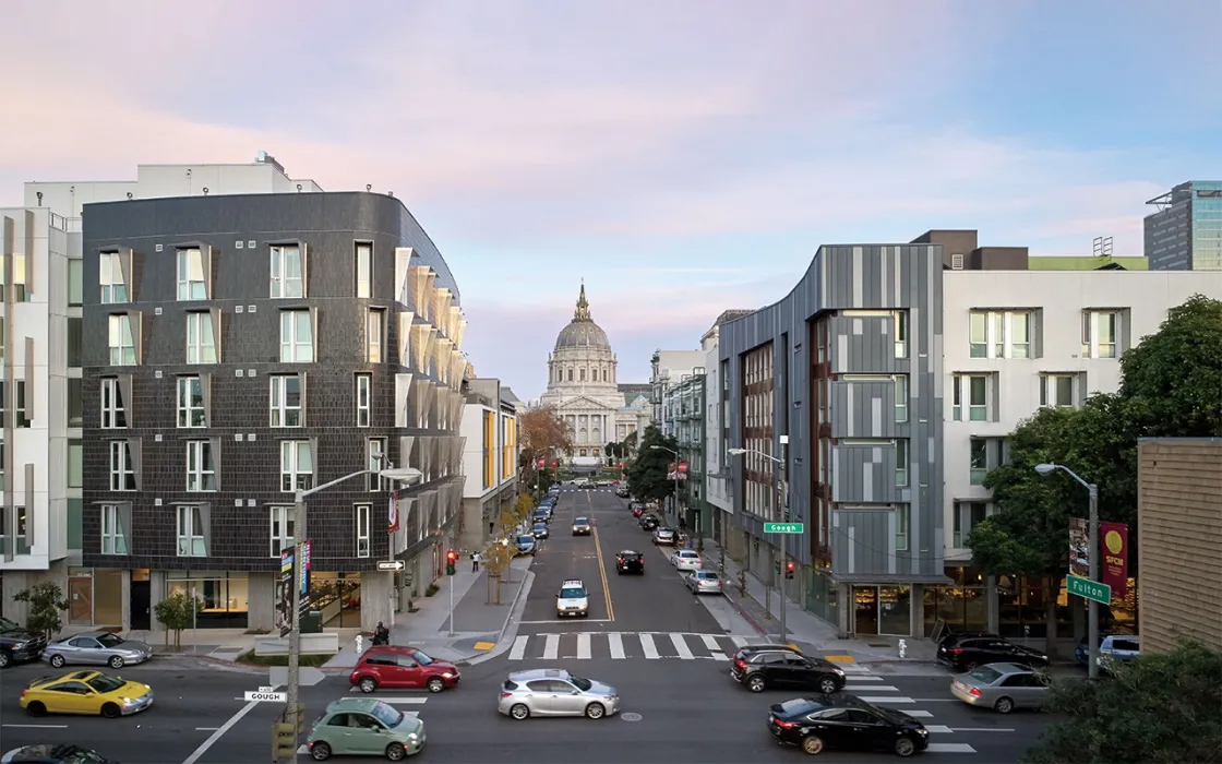Looking down the street at San Francisco City Hall with two DBA projects on each side of the street.