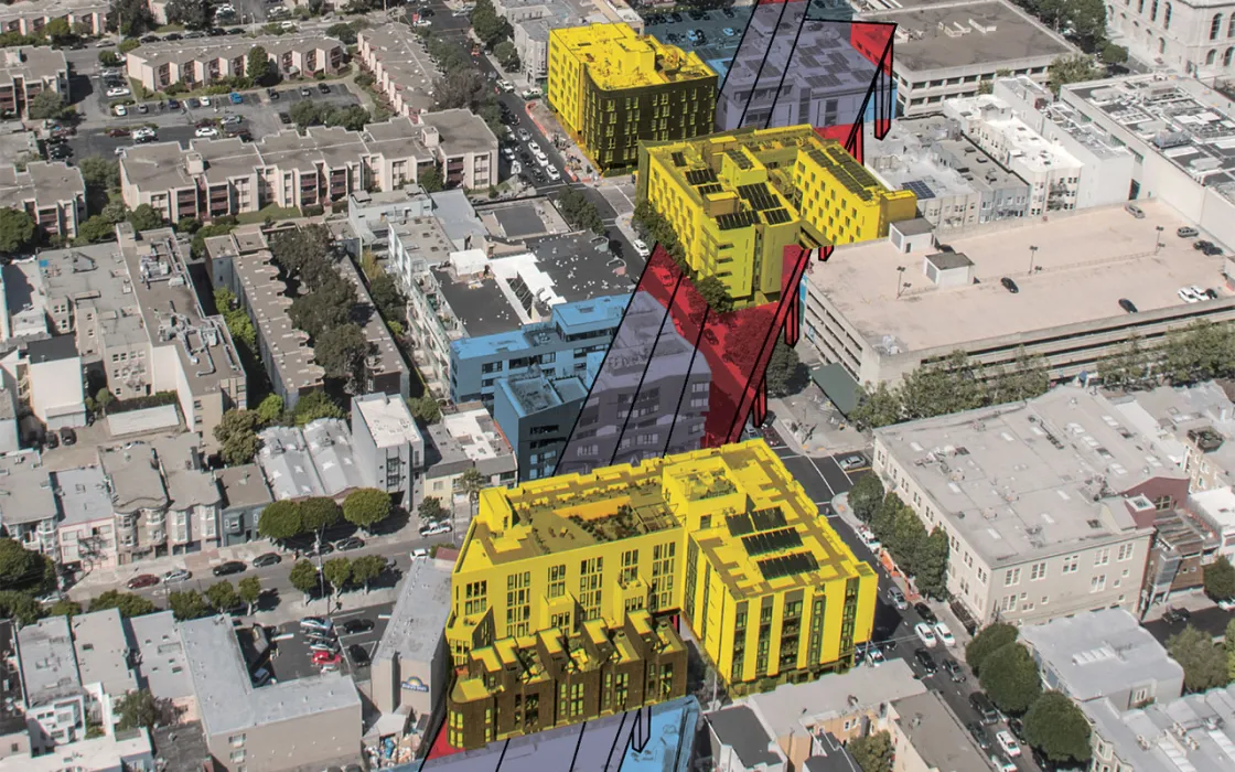 Aerial image of the central freeway in San Francisco with a graphic highlighting three DBA projects